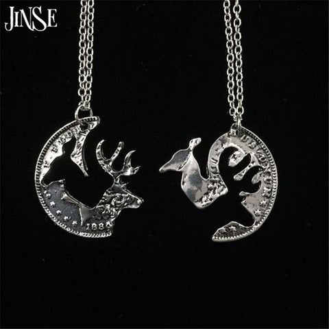 JINSE BLS178 1SET/lot Animal Hunting Jewelry Doe Deer Head Best Friend Friend Elk Stitching Necklace Hand Cut Half Dollar