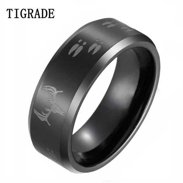 TIGRADE 8mm Tungsten Carbide Wedding Engagement Band Black Polished Beveled Edge Etched Deer Head Men's Hunting Ring bague Sale