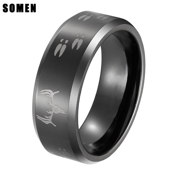 2017 8mm Men Ring Black Tungsten Carbide Ring Deer Head Hunting Wedding Engagement Band Polished Size 6-12