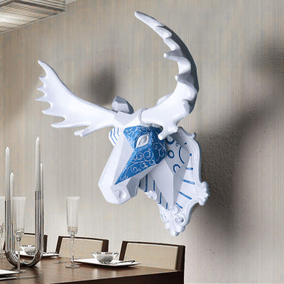 EALISEN wall mounted blue and white deer head trophy wall art plaque hunt sculpture-faux taxidermy modern hanging home decor